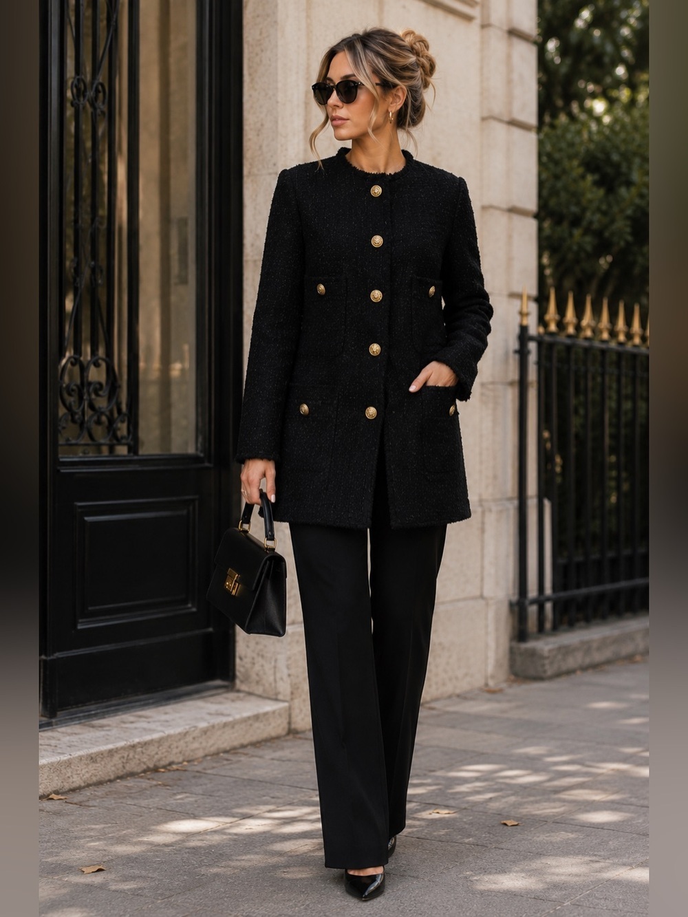Zara Black Textured Tweed Coat Jacket XS Gold Crest Buttons